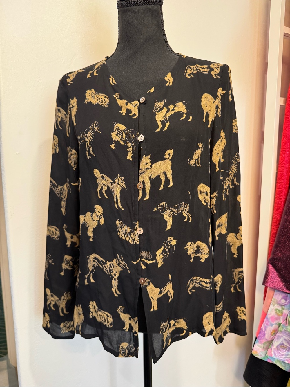 Vintage 90s Ann May 100% Black & Gold Silk Dog Print Button Blouse